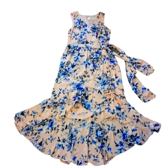 Eliza J Dress Pink Floral Ruffle High Low Maxi Faux Wrap Size 6 - Picture 7 of 8